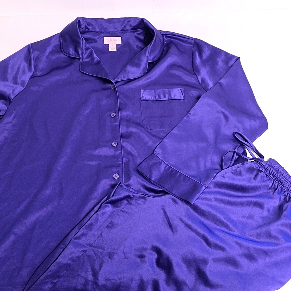 Cabernet Pajama Set Women Large Purple Satin Long Sleeve Button Up Pants 2PC